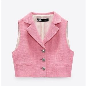 Zara pink large vest, tweed, textured, metallic buttons, waist coat #barbiecore